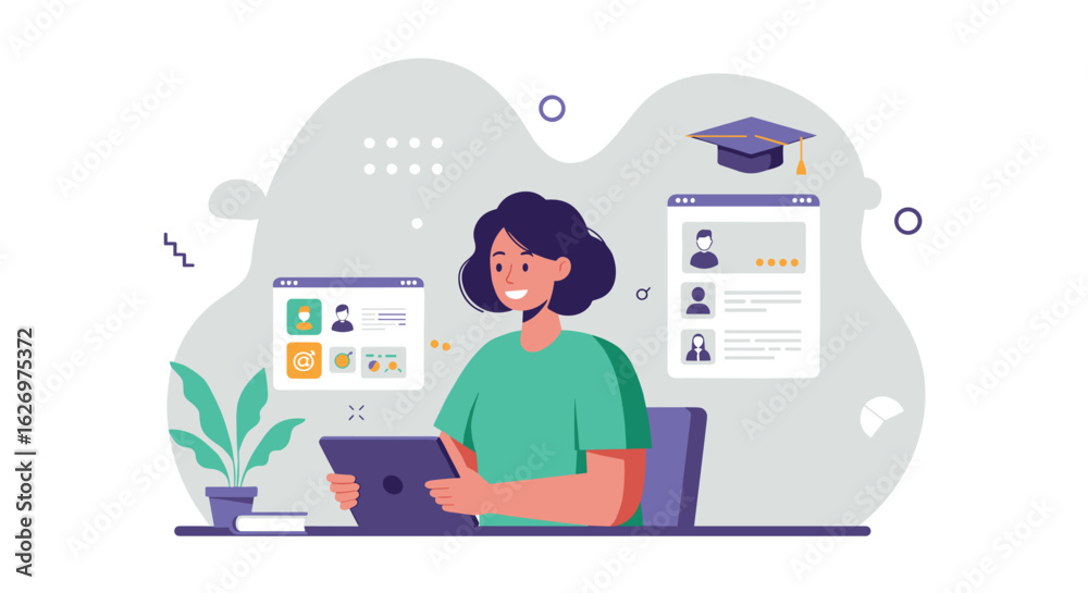 © David - Hispanic female adult using tablet for online learning and job applications. Vector illustration