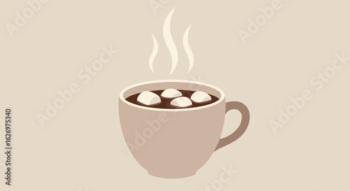 Steaming hot chocolate mug with marshmallows on beige background for cozy winter days. Vector illustration