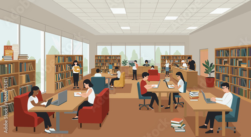 Diverse group of young adults studying in a modern library with bookshelves. Vector illustration