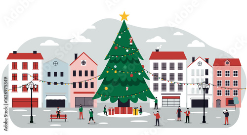 Wallpaper Mural Festive town square with christmas tree and people celebrating in winter. Vector illustration Torontodigital.ca