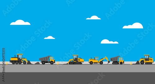 Construction vehicles on roadwork site under blue sky with clouds. Vector illustration