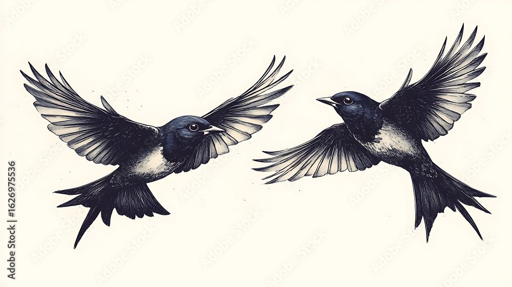 Fototapeta premium Two Elegant Swallows in Flight A Hand-Drawn Illustration