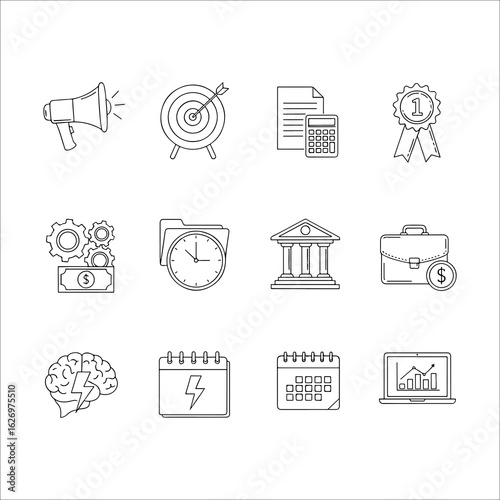 Collection of business and finance related icons including a megaphone target calculator award and gears