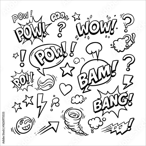 Dynamic comic book sound effects and symbols collection featuring pow bam bang and wow