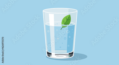 Glass of sparkling water with leaf on blue background. Vector illustration