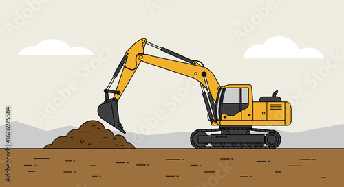 Yellow excavator digging earth at construction site with mountains in background. Vector illustration