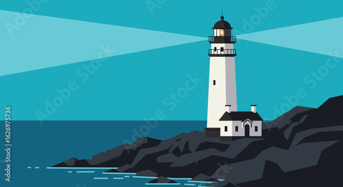 Coastal lighthouse illuminating rocky shoreline at night with ocean waves and clear sky. Vector illustration