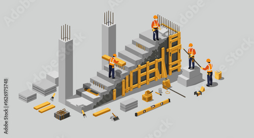 Isometric construction site with workers and unfinished staircase. Vector illustration