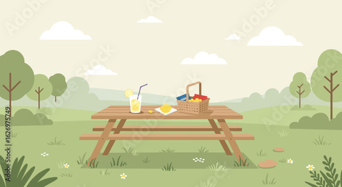 Picnic table in scenic park with lemonade and basket in serene landscape. Vector illustration