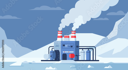 Industrial factory with smokestacks in snowy arctic landscape and icy mountains. Vector illustration