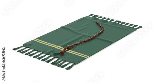 Green prayer mat with yellow stripes and tassels, gently holding traditional prayer beads, representing devotion and spiritual practice on a clean white background