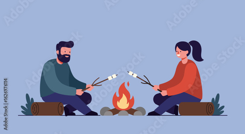 Caucasian man and woman roasting marshmallows over campfire outdoors in nature. Vector illustration