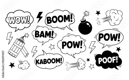 Dynamic comic book sound effects and explosions with bold typography and action elements