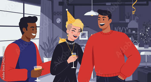 Diverse group of young adults enjoying celebration in cozy indoor setting. Vector illustration