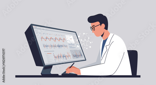 Male scientist analyzing data on computer screen in laboratory. Vector illustration