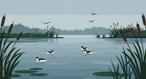 Tranquil lake with birds and reeds in serene landscape. Vector illustration