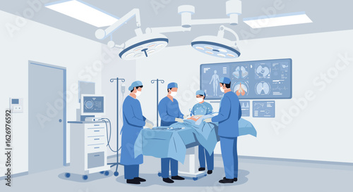 Medical team in operating room performing surgery in modern hospital setting. Vector illustration