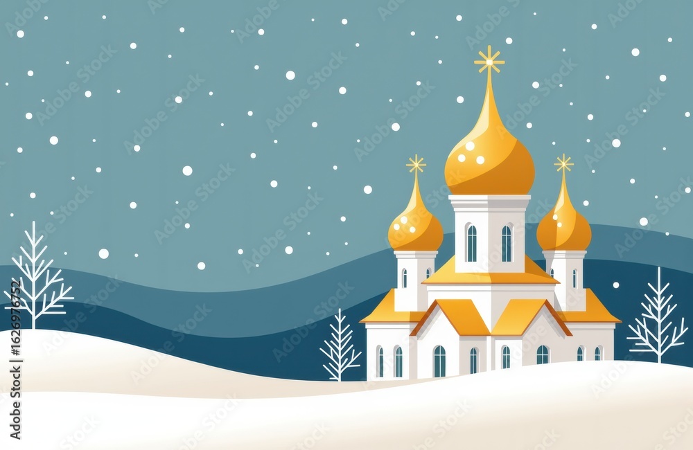 Fototapeta premium Golden-domed church surrounded by snow-covered landscape and falling snowflakes in winter scene