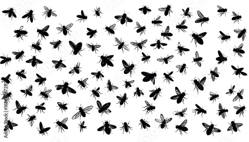 A multitude of black silhouettes of flies on a white background