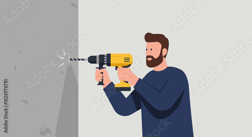 Caucasian male adult using electric drill on wall. Vector illustration