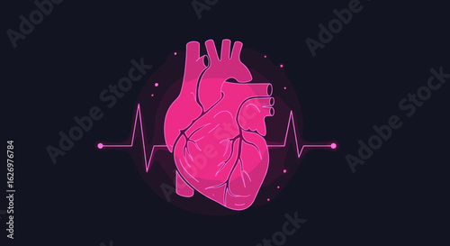 Stylized pink heart with electromagnetic pulse on dark background. Vector illustration