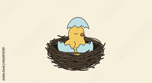 Adorable cartoon chick hatching in nest with eggshell cracking. Vector illustration