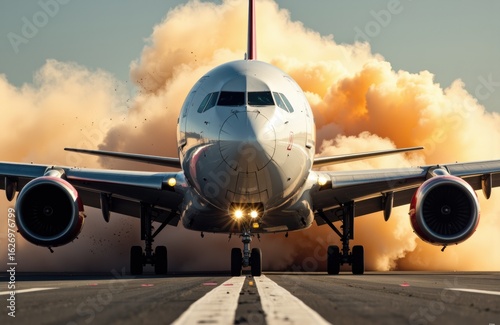A commercial airplane accelerates down the runway with a large cloud of dust and smoke behind it