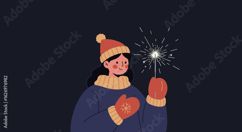 Smiling young asian female holding sparkler in winter clothing with red mittens and hat. Vector illustration