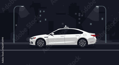 White sedan taxi driving at night under streetlights in urban setting. Vector illustration