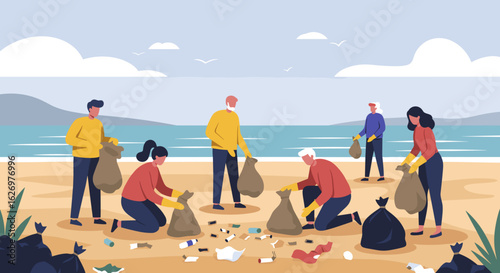 Volunteers cleaning beach, diverse group of adults collecting trash for environmental conservation. Vector illustration
