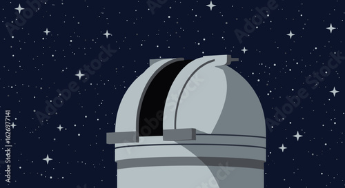 Astronomical observatory dome under starry night sky with twinkling stars. Vector illustration