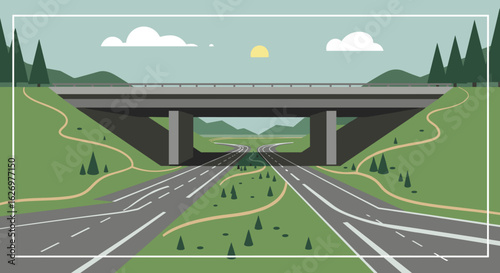 Scenic highway overpass and intersection with lush greenery and mountains under sunny sky. Vector illustration