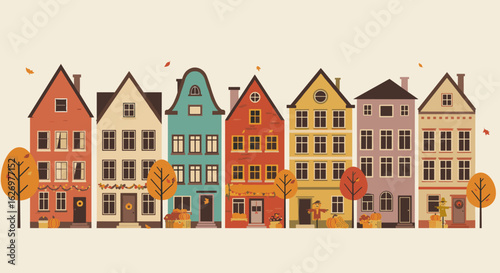 Charming autumn row houses with colorful leaves and festive decorations. Vector illustration