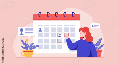 Woman scheduling appointments on calendar with plants and icons in background. Vector illustration