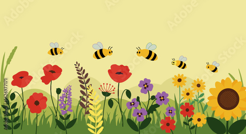 Bees flying over colorful wildflowers in a vibrant spring meadow. Vector illustration