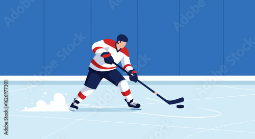 Male hockey player on ice rink in action with stick and puck. Vector illustration