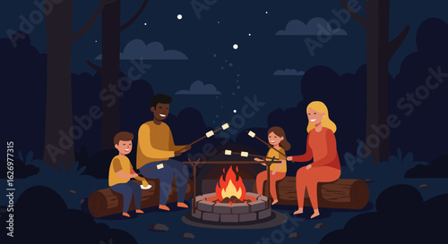 Family campfire night with marshmallows in forest setting under starry sky. Vector illustration
