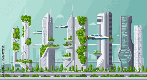 Futuristic urban skyline with green architecture and flying cars. Vector illustration