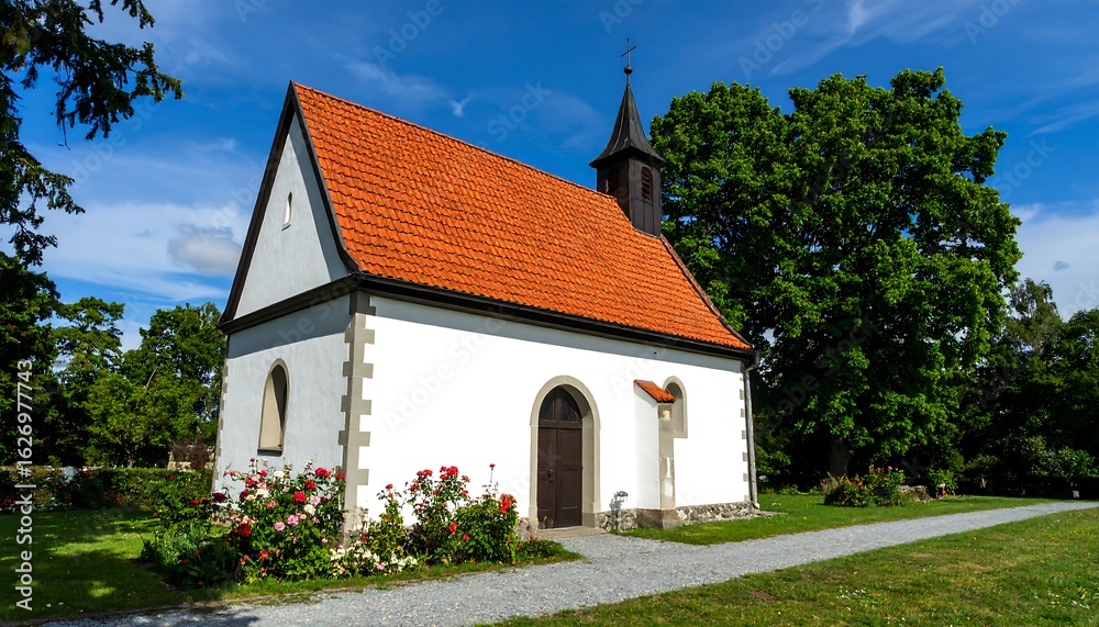 Fototapeta premium Small white chapel with a terracotta roof, surrounded by greenery and a paved path