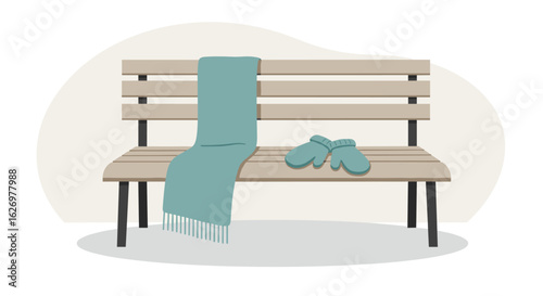Wooden bench with teal scarf and mittens on cold winter day. Vector illustration