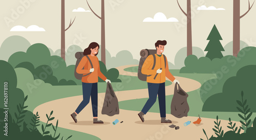 Young caucasian adults cleaning forest trail with backpacks and trash bags. Vector illustration