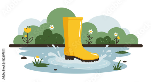 Yellow rain boot splashing in puddle with flowers and bushes in background. Vector illustration
