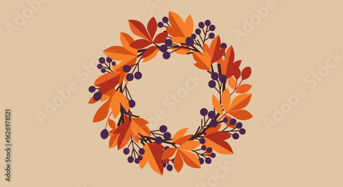 Autumnal wreath with orange leaves and purple berries on a light background. Vector illustration