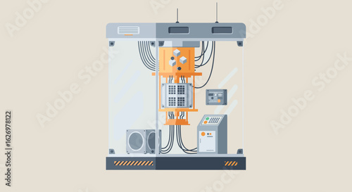 Modern industrial control panel with wiring and equipment in a transparent enclosure. Vector illustration