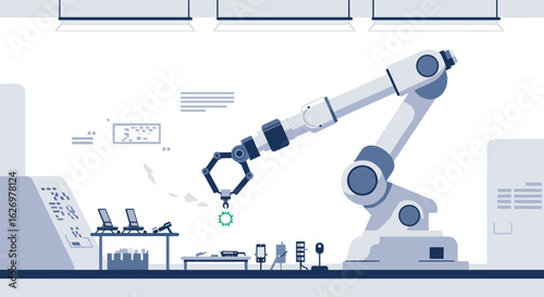 Industrial robot arm assembling electronics in high-tech manufacturing facility. Vector illustration