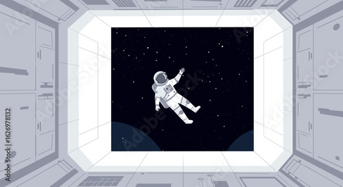 Astronaut floating in space viewed from spaceship window. Vector illustration