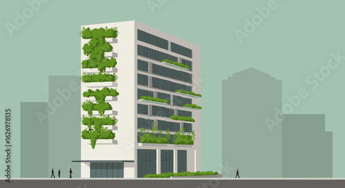 Modern sustainable building with vertical garden and green architecture design. Vector illustration