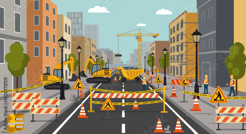 Urban construction scene with equipment and workers on a busy city street. Vector illustration