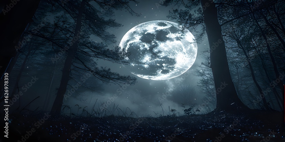 Fototapeta premium A scary view in a dark forest with full moonlight.
