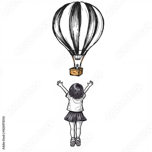 Girl reaching out to sketched hot air balloon in fun illustration  